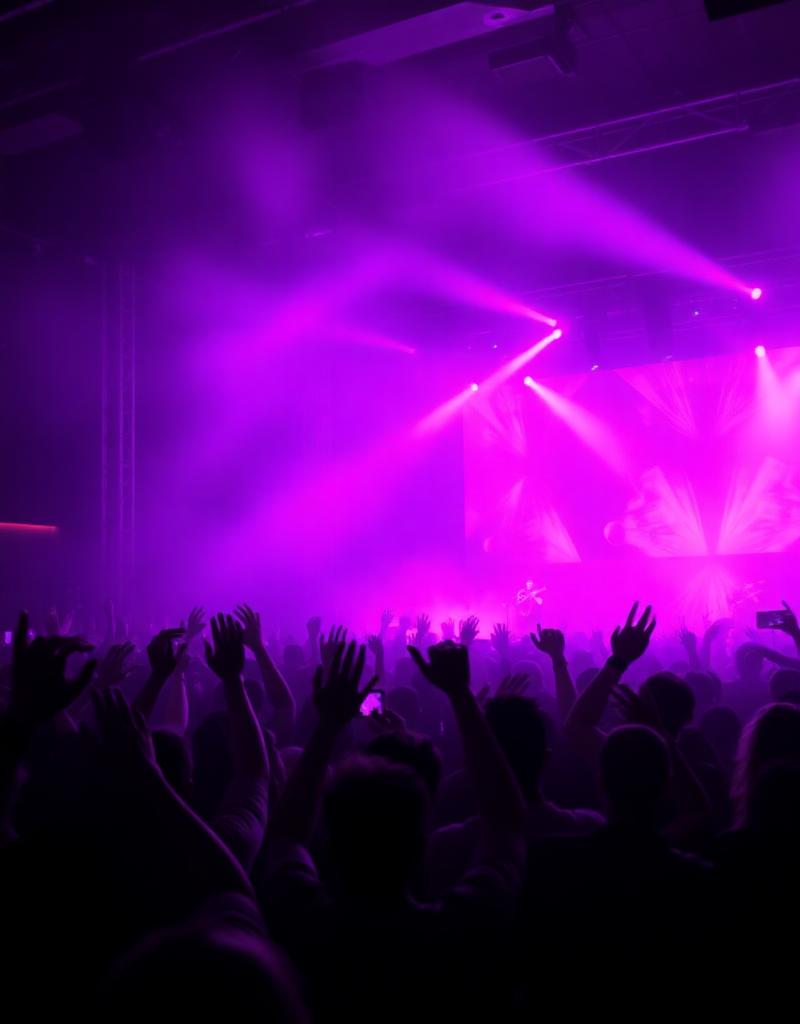 Concert crowd lit in purple and pink